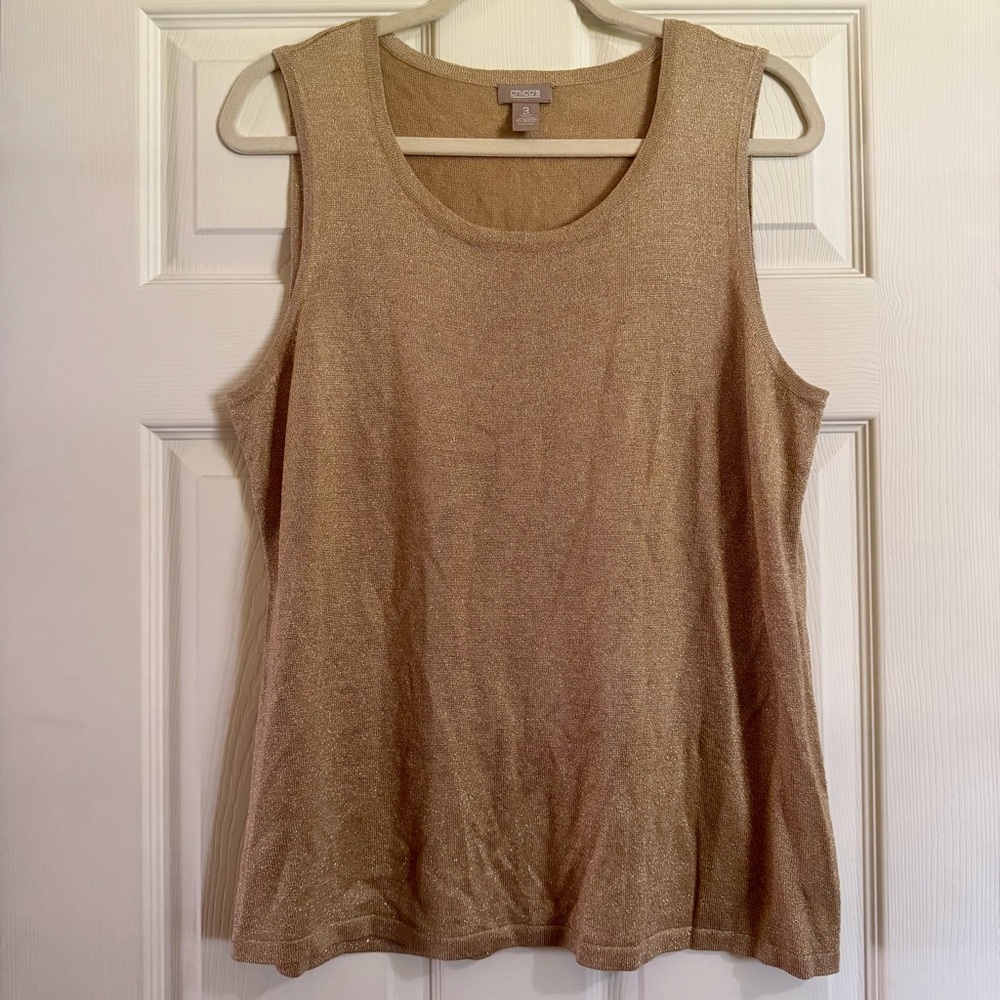 Chicos Size 3‎ US XL Tan Gold Knit Round Neck Sleeveless Shell Lightweight Top